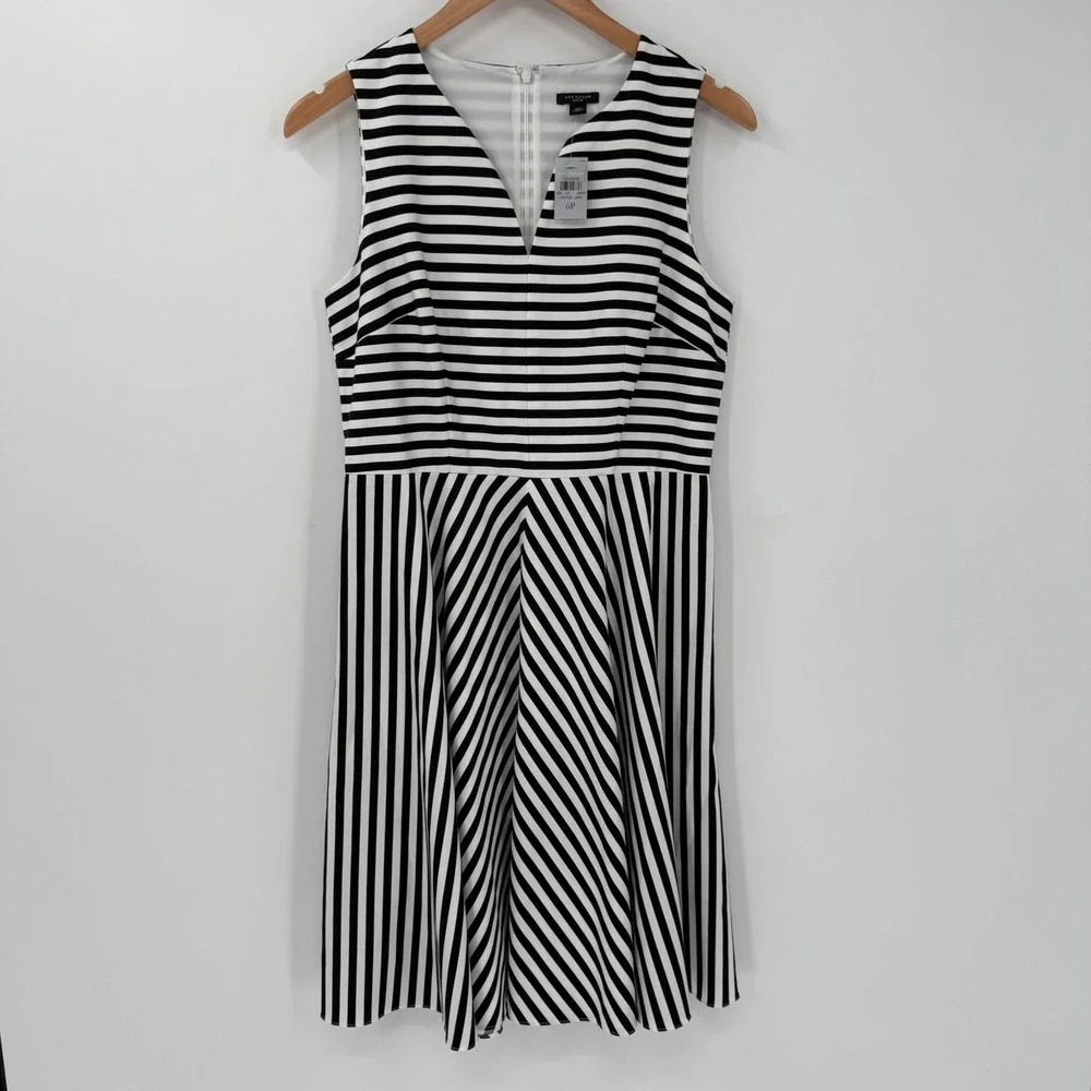 NWT Ann Taylor Petite 6P Black White Stripe Fit & Flare Dress - Picture 1 of 10
